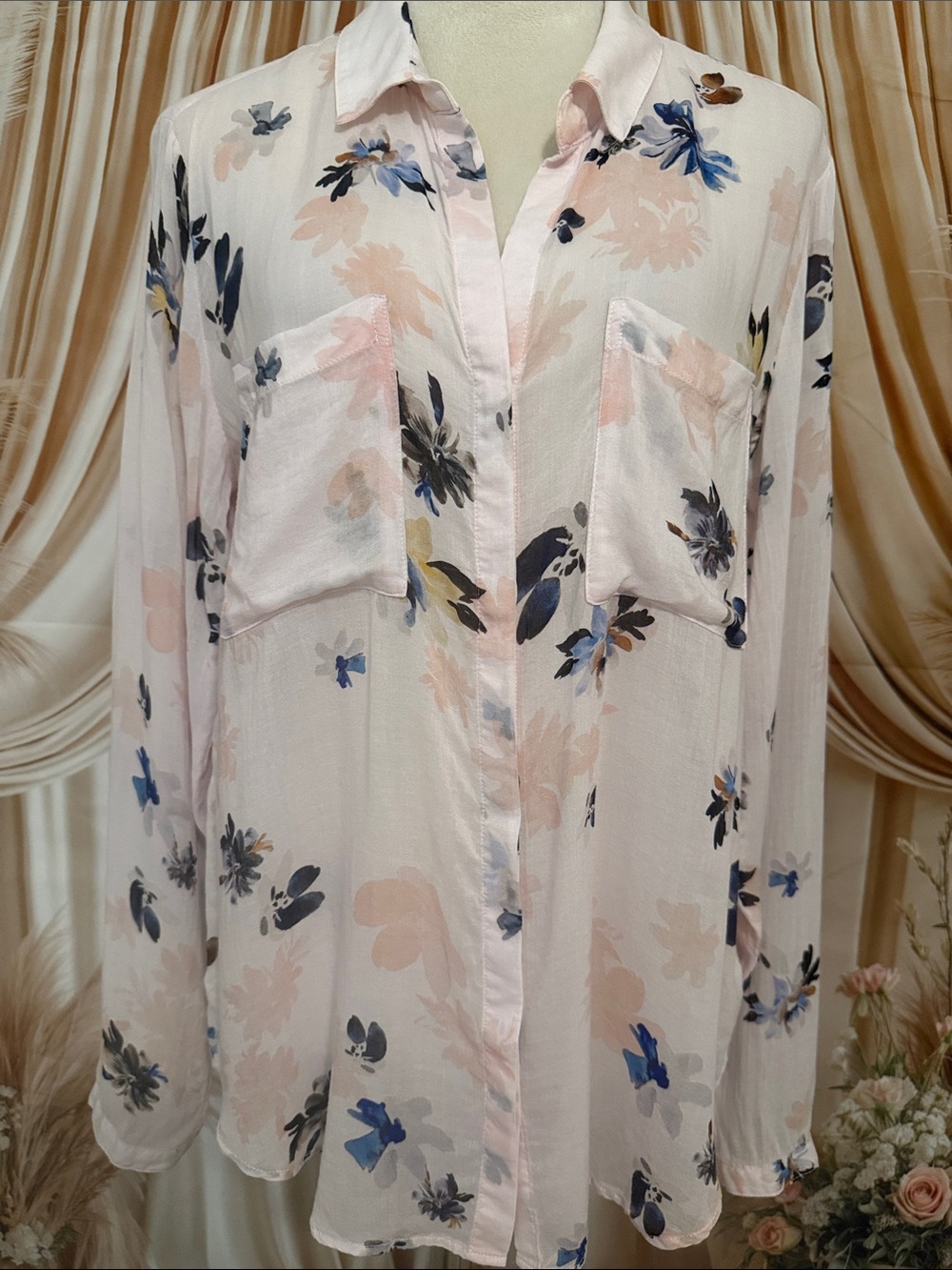cloth & stone Light Pink Floral Button-Down Blouse with Blue Accents
